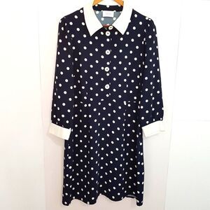 SAVOIA Classic Navy and White Polka Dot  Long Sleeve Dress with Cuffs
